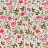 Henry: roze bloemen en blaadjes met hier en daar een vlindertje op wolwitte tricot Henry: roze bloemen en blaadjes met hier en daar een vlindertje op wolwitte tricot