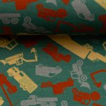 Jesse: werkvoertuigen op grijs-groene tricot Jesse: werkvoertuigen op grijs-groene tricot
