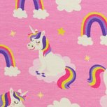 Prinzessin Phantasie , tricot roze met eenhoorns, regenbogen, wolkjes en vallende sterren. Prinzessin Phantasie , tricot roze met eenhoorns, regenbogen, wolkjes en vallende sterren.