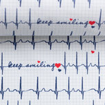 Toni: ECG print op witte katoen met tekst: keep smiling Toni: ECG print op witte katoen met tekst: keep smiling