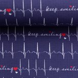 Toni: ECG print op donkerblauwe katoen met tekst: keep smiling Toni: ECG print op donkerblauwe katoen met tekst: keep smiling