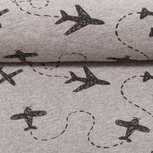 let's fly away, grijs gemêleerde tricot met vliegtuigjes let's fly away, grijs gemêleerde tricot met vliegtuigjes