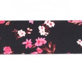 taille-elastiek 4 cm breed: kleine bloemetjes roze op zwart/ HALVE METER taille-elastiek 4 cm breed: kleine bloemetjes roze op zwart/ HALVE METER