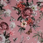 coupon 130 cm: Matti: digitaal bedrukte tricot: bloemen en vlinder op oudroze, grote print! coupon 130 cm: Matti: digitaal bedrukte tricot: bloemen en vlinder op oudroze, grote print!