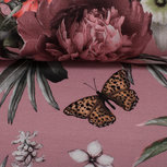 Matti: digitaal bedrukte tricot: bloemen en vlinder op oudroze, grote print! Matti: digitaal bedrukte tricot: bloemen en vlinder op oudroze, grote print!