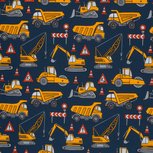Mattes, gele hijskraan, kiepauto, wals enz op donkerblauwe tricot Mattes, gele hijskraan, kiepauto, wals enz op donkerblauwe tricot