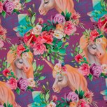 Matti, eenhoorns en bloemen op paarse tricot Matti, eenhoorns en bloemen op paarse tricot