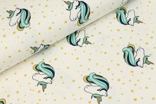 Tricot unicorn (eenhoorn) wolwit met glitters in goud en lichtturquoise Tricot unicorn (eenhoorn) wolwit met glitters in goud en lichtturquoise