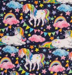 Mattes, eenhoorns, slingers en regenboog op donkerblauwe tricot Mattes, eenhoorns, slingers en regenboog op donkerblauwe tricot