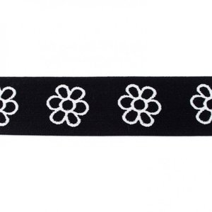 taille-elastiek 4 cm breed: bloemen wit met zwart/HALVE METER