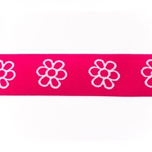 taille-elastiek 4 cm breed: bloemen wit met fuchsia /HALVE METER