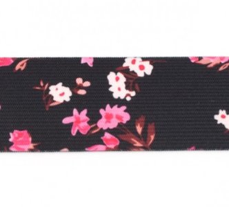 taille-elastiek 4 cm breed: kleine bloemetjes roze op zwart/ HALVE METER
