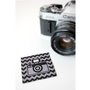 Fototoestel, geweven etiket, zwart-grijs met glittereffect